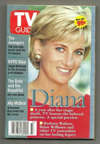 Tv Guide - 8/1998 - Princess Diana - The Avengers - Diana Rigg - Syracuse,  Ny Edition