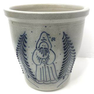 Santa Stoneware Crock Blue Salt Glaze Eldreth Pottery Plant Pot Vintage 1989 7 "