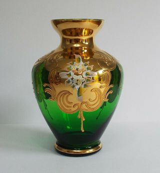 Murano 24k Gold Gilt Emerald Green Venetian Glass Hand Painted Floral Vase