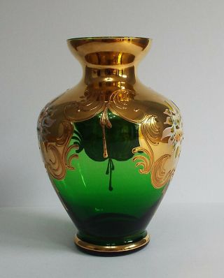 Murano 24k Gold Gilt Emerald Green Venetian Glass Hand Painted Floral Vase 2