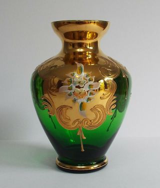 Murano 24k Gold Gilt Emerald Green Venetian Glass Hand Painted Floral Vase 3