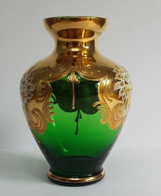 Murano 24k Gold Gilt Emerald Green Venetian Glass Hand Painted Floral Vase 4