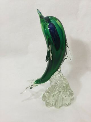 Vintage Murano Art Glass Green & Blue Dolphin Figurine,  11 " Tall,  6 1/2 " L,  4 " W