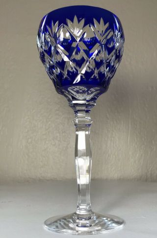 Ajka Cobalt Blue Cased Cut To Clear Crystal Wine Balloon Goblet 7.  5” Bohemian