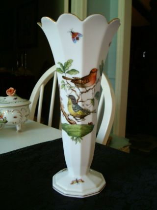 Herend Rothschild Bird Pattern 9 " Vase Scalloped Edge Hand Painted Hungary