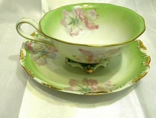 T&v Limoges Green,  Gold And Floral Tea Cup And Saucer