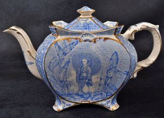 1890s Burleigh Ware Geisha Teapot Blue White Chinoiserie Canted Japanese England