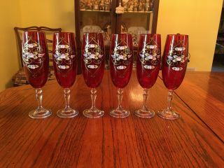 Vintage Set Of 6 Czech Bohemian Red & Gold Hand Painted Champagne Flut