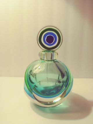 Vintage Murano Sommerso Perfume Bottle W Stopper Orb Mcm Bullseye Mod Blue Green