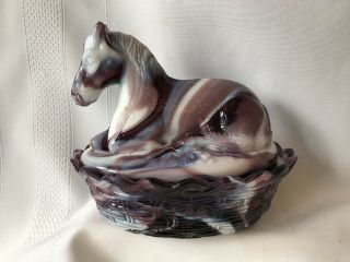 Vtg Slag Marble Glass Horse On Nest Purple White 5” Tall 5 - 1/2 Long