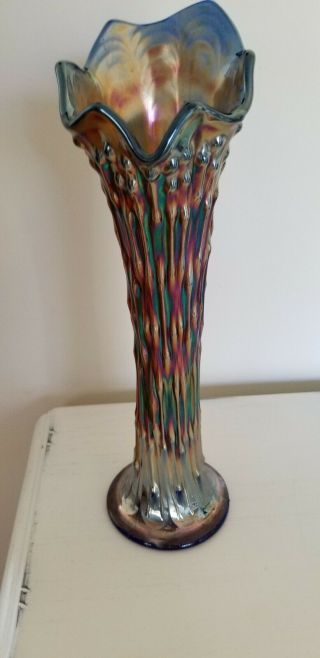 Vintage Carnival Fenton Fluted April Showers Cobalt Blue Vase 12 Inches Tall