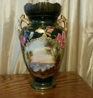 Antique German Hand - Painted Swan Lake Porcelain Vase C1900
