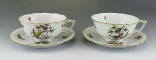 Pair Porcelain Fine China Herend Rothschild Bird Footed Tea Cups & Saucers