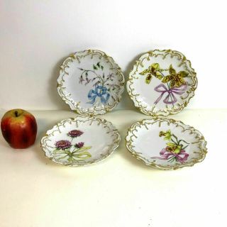 Set 4 Antique Limoges Porcelain Dessert Plates Hand Painted Flowers Bow Ribbon