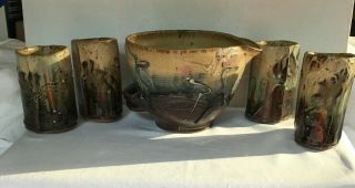 Loess Hills Pottery Pitcher & 4 Cups Designed By Jerry Kessler