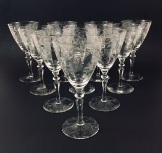 Vintage Crystal Wine Glasses 5 3/4 " Optic Etched Fluted Flowers Leaves Set Of 10