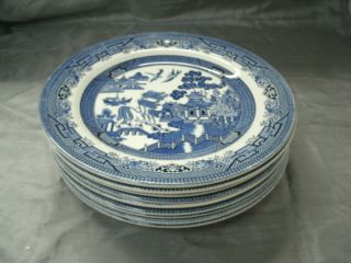 Churchill Blue Willow Set Of 9 - 10 1/4 " Dinner Plates Georgian Made In England Ec