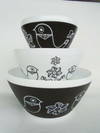 3 - Pc Pyrex Birds Of A Feather Mixing Bowl Set 10 6 3 Cup Opal Glass Black White
