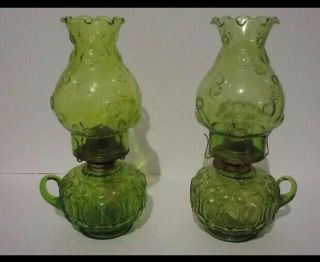 Two L.  E.  Smith Glass Green Moon And Stars Hurricane Finger Oil Lamps