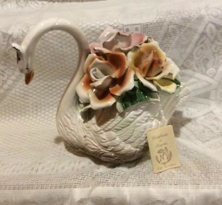 Vintage Nuova Capodimonte Swan With Flowers Large Vintage