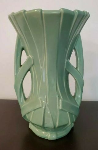 Mccoy Large Double Handle 12 " H.  Strap Vase Turquoise/green 1946 Vintage Estate
