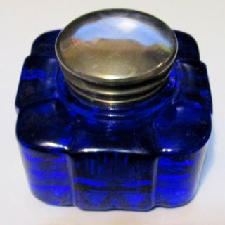 Antique Heavy Cobalt Glass Ink Well,  Silverplated Hinged Lid,  Fine