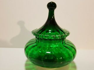Vtg 1960s Empoli Glass Apothecary Jar Frilled Lid Dark Green Italian Art Studio