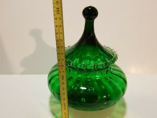 Vtg 1960s Empoli glass apothecary jar frilled lid dark green Italian art studio 4