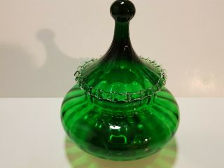 Vtg 1960s Empoli glass apothecary jar frilled lid dark green Italian art studio 7