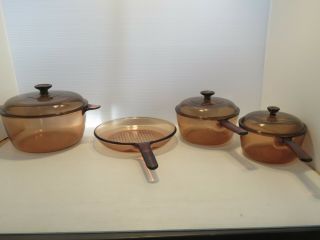 Vtg 7 Piece Corning Ware Pyrex Visions Amber Cookware Saucepans W Lids Skillet