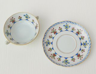 Chateaubriand Blue By Bearnardaud Cream Soup Bowl Double Handle & Saucer Limoges