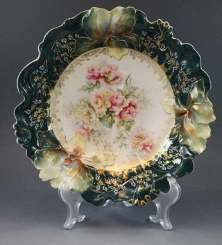 Antique Rs Prussia Porcelain Bowl Molded Iris Edge Heavy Gilt Green W/ Roses