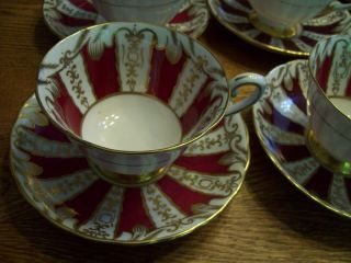 6 Vtg Tuscan Fine English Bone China Footed Teacup And Saucer Maroon Ornate Gold