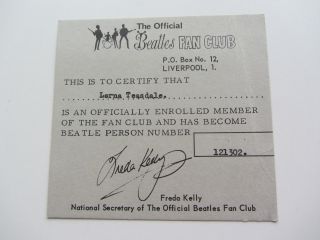 The Beatles Orig 1968 - 1971 Beatles Fan Club Membership Card 121302 Freda Kelly