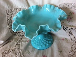 Vintage Fenton Hobnail Turquoise Milk Glass Footed Double Crimped Compote