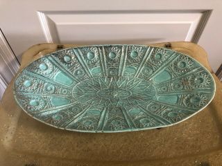 Vintage California Pottery Turquoise Teal Gold Starburst Oval Platter Dish Decor