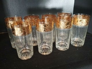 Vintage Culver Mid Century Tyrol Gold Etched Highball Glasses Set Of 8 Euc