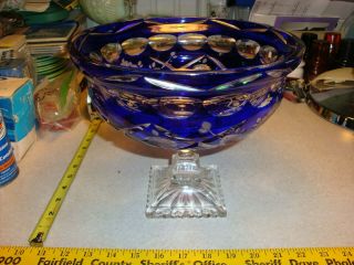 Cobalt Blue Crystal Cut Glass Rim Footed Bowl 9 1/4 Inch Look