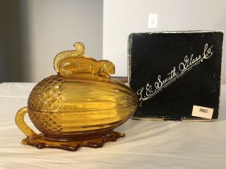 Martha Stewart Squirrel Sitting On Nut L.  E.  Smith Amber Glass Covered Candy Dish