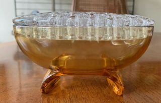 Vintage Viking Glass Amber Footed Oval Vase Bowl Clear Flower Frog Candle Holder