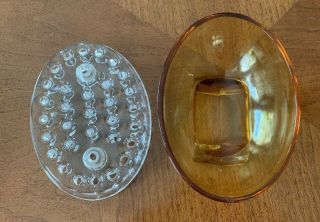 Vintage Viking Glass Amber footed Oval Vase Bowl Clear Flower Frog Candle Holder 4