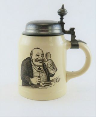 Rare Antique Villeroy & Boch Mettlach 1526/7201 Man Eating & Drinking Pug Stein