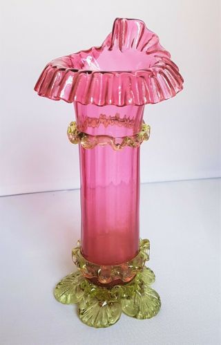 Victorian English Cranberry & Uranium Ruffled Vaseline Vase - Lovely - Handblown