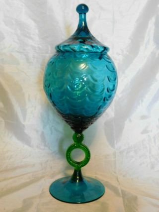 Venetian? Art Glass Pedestal Apothecary Jar - Aqua Blue Glass And Green Stem