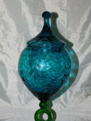 Venetian? Art Glass Pedestal Apothecary Jar - Aqua Blue Glass And Green Stem 2