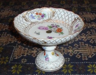 Vintage Meissen Compote 6 Tall Candy Dish Gold Scallop Edge Floral Pedestal Bowl