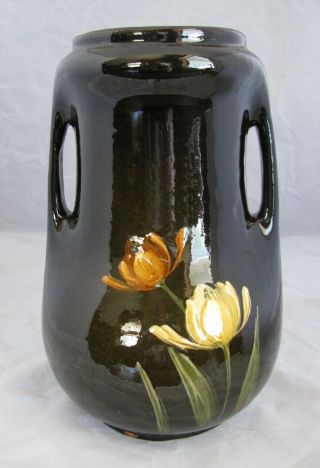 Vtg Antique American Art Pottery Hand Painted Flowers Brown Glaze 10 3/8 " Vase