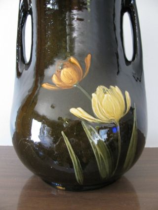 Vtg Antique American Art Pottery Hand Painted Flowers Brown Glaze 10 3/8 