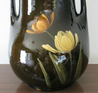 Vtg Antique American Art Pottery Hand Painted Flowers Brown Glaze 10 3/8 