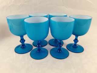 Carlo Moretti Murano Blue Cased Wine Glasses - Mid Century 6 Glass Set.